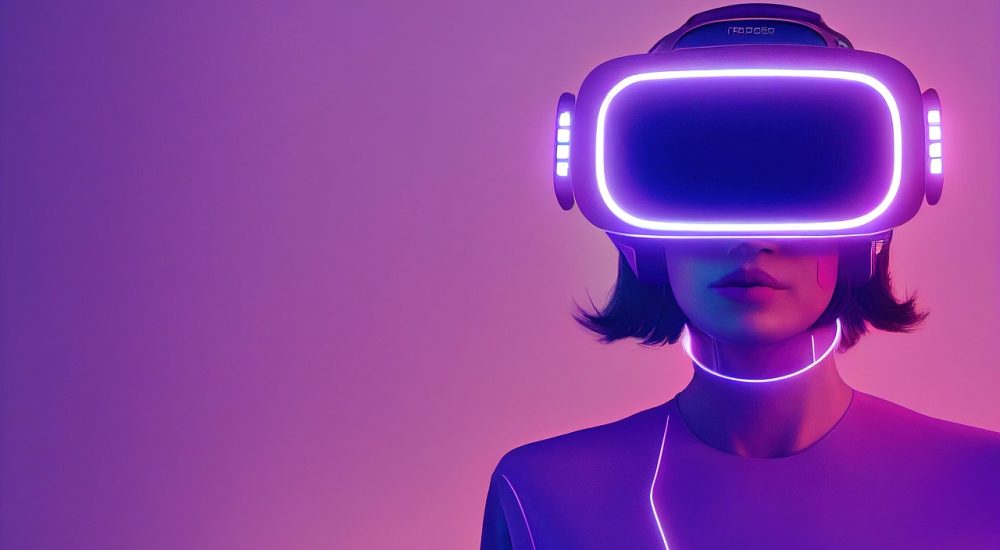 pink, purple, spring, vr, metaverse, nature, virtual reality, headset, woman, human, female, black, bipoc, african american, technology, web3, tech